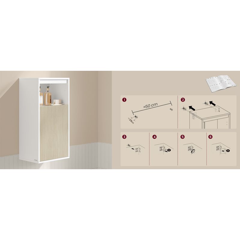 Casa si Gradina - Mobilier - Mobilier baie - Corpuri baie - Dulap de baie de perete cu 3 polite, usa cu directie de deschidere reglabila, 30x40x80 cm, alb cu bej - Infinity.ro