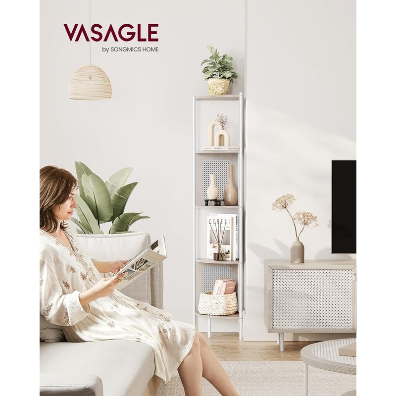 Casa si Gradina - Mobilier - Biblioteci si rafturi - Biblioteci - Raft de colt boho, cadru metalic, polite MDF si panouri poliratan, 32x32x156cm, alb - Infinity.ro