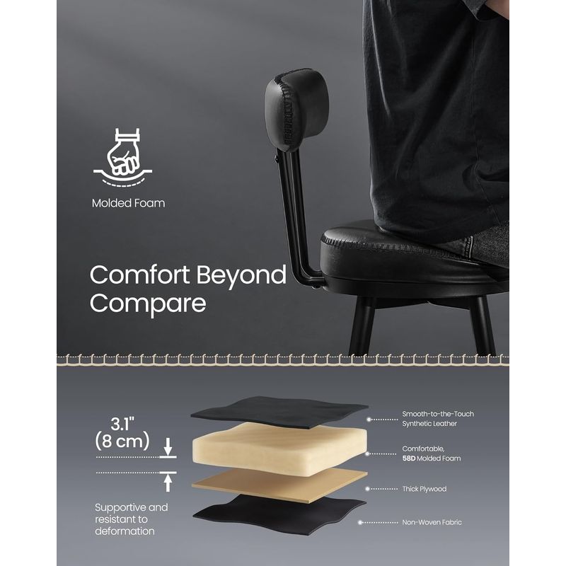 Casa si Gradina - Mobilier - Scaune si fotolii - Scaune - set 2 scaune de bar rotative 360A°, cu spatar, inaltime 101 cm, piele sintetica, cadru otel, stil modern, negru - Infinity.ro
