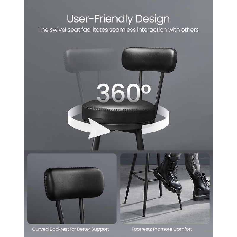 Casa si Gradina - Mobilier - Scaune si fotolii - Scaune - set 2 scaune de bar rotative 360A°, cu spatar, inaltime 101 cm, piele sintetica, cadru otel, stil modern, negru - Infinity.ro