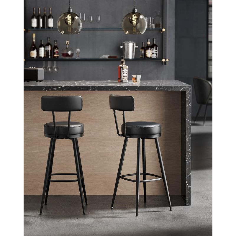 Casa si Gradina - Mobilier - Scaune si fotolii - Scaune - set 2 scaune de bar rotative 360A°, cu spatar, inaltime 101 cm, piele sintetica, cadru otel, stil modern, negru - Infinity.ro
