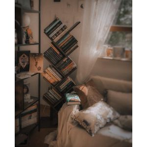 Biblioteca de podea cu 8 etaje, cu rafturi din lemn in forma V, 25x141x50cm, maro rustic