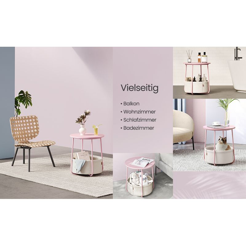 Casa si Gradina - Mobilier - Mese si birouri - Masute de cafea - Masuta de cafea rotunda cu cos de stofa, stil modern, 45x50cm, roz cu bej - Infinity.ro