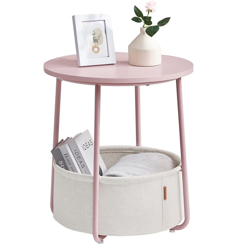 Casa si Gradina - Mobilier - Mese si birouri - Masute de cafea - Masuta de cafea rotunda cu cos de stofa, stil modern, 45x50cm, roz cu bej - Infinity.ro
