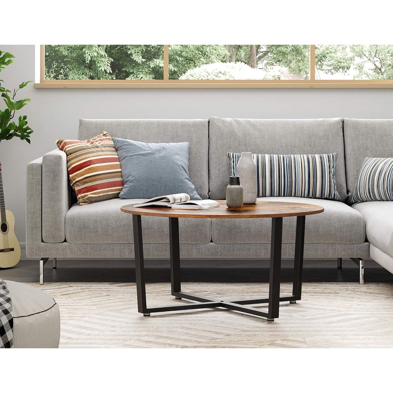 Casa si Gradina - Mobilier - Mese si birouri - Masute de cafea - Masa de cafea rotunda, stil industrial, cadru metalic si blat lemn, 88x88x47cm, maro rustic si negru - Infinity.ro