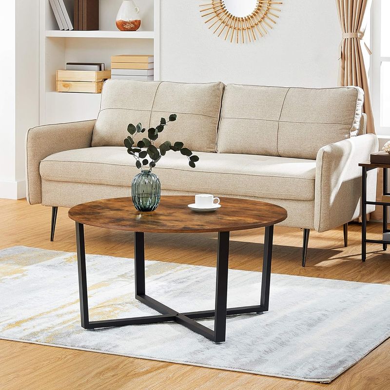 Casa si Gradina - Mobilier - Mese si birouri - Masute de cafea - Masa de cafea rotunda, stil industrial, cadru metalic si blat lemn, 88x88x47cm, maro rustic si negru - Infinity.ro