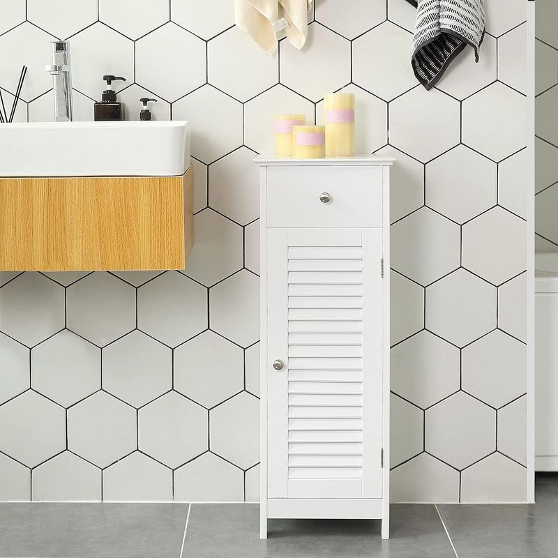 Casa si Gradina - Mobilier - Mobilier baie - Corpuri baie - Dulap de depozitare de podea pentru baie, din lemn cu sertar, usa cu lamele, 32x30x87cm, alb - Infinity.ro