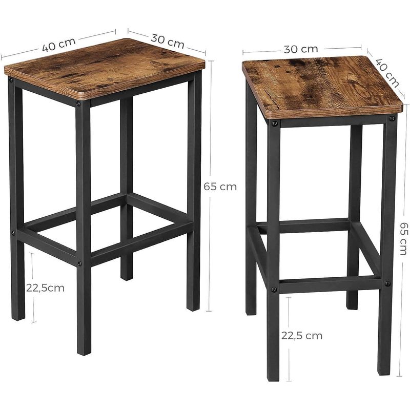 Casa si Gradina - Mobilier - Scaune si fotolii - Scaune - Set 2 scaune bar inalte, sezut dreptunghiular, cadru din otel, 40x30x65cm, stil industrial, maro rustic si negru - Infinity.ro