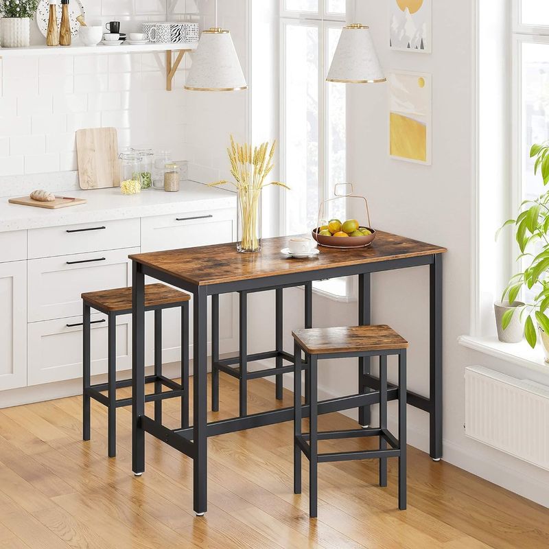 Casa si Gradina - Mobilier - Scaune si fotolii - Scaune - Set 2 scaune bar inalte, sezut dreptunghiular, cadru din otel, 40x30x65cm, stil industrial, maro rustic si negru - Infinity.ro