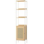 Casa si Gradina - Mobilier - Biblioteci si rafturi - Biblioteci - Biblioteca cu 6 etaje, cadru metalic, usa cu efect ratan Boho, 30x40x175 cm, alb si bej - Infinity.ro