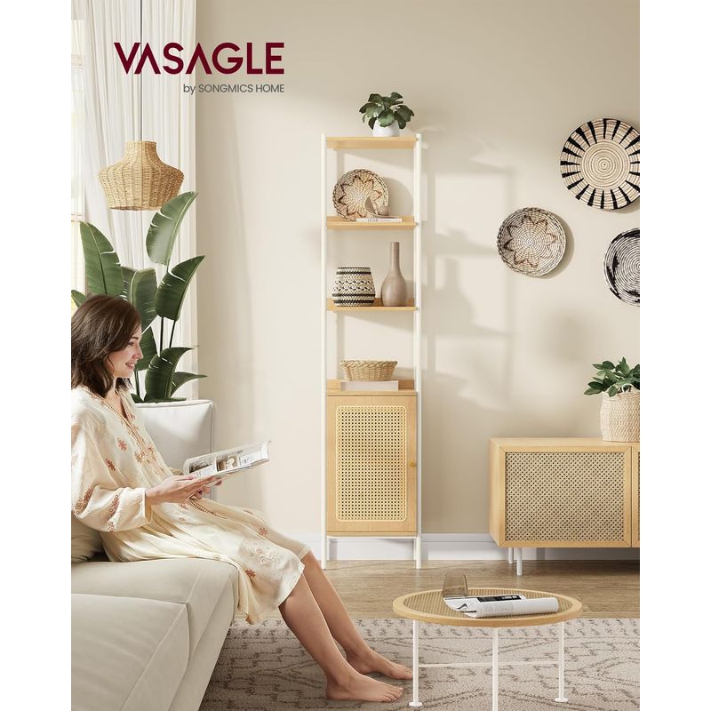 Casa si Gradina - Mobilier - Biblioteci si rafturi - Biblioteci - Biblioteca cu 6 etaje, cadru metalic, usa cu efect ratan Boho, 30x40x175 cm, alb si bej - Infinity.ro