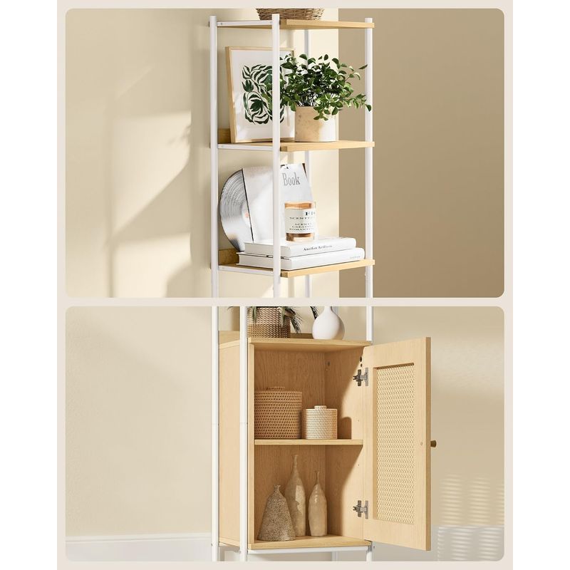 Casa si Gradina - Mobilier - Biblioteci si rafturi - Biblioteci - Biblioteca cu 6 etaje, cadru metalic, usa cu efect ratan Boho, 30x40x175 cm, alb si bej - Infinity.ro