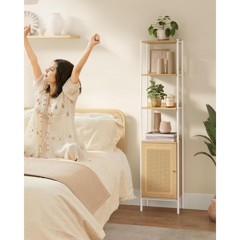 Casa si Gradina - Mobilier - Biblioteci si rafturi - Biblioteci - Biblioteca cu 6 etaje, cadru metalic, usa cu efect ratan Boho, 30x40x175 cm, alb si bej - Infinity.ro