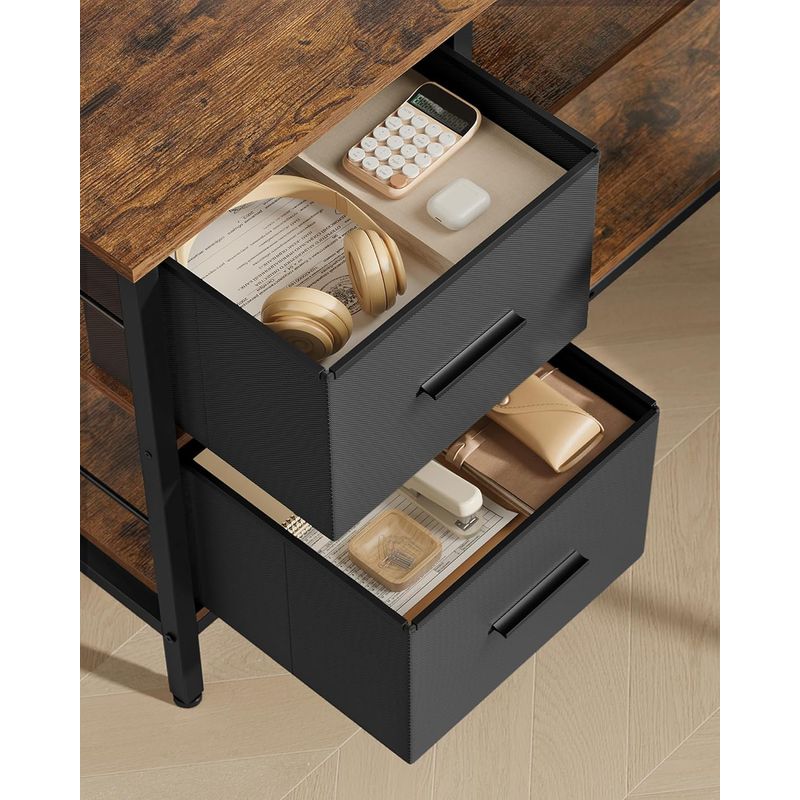 Casa si Gradina - Mobilier - Mese si birouri - Birouri - Birou in forma de L, suport monitor, 2 rafturi si 2 sertare, 105x135x76 cm, maro rustic - Infinity.ro