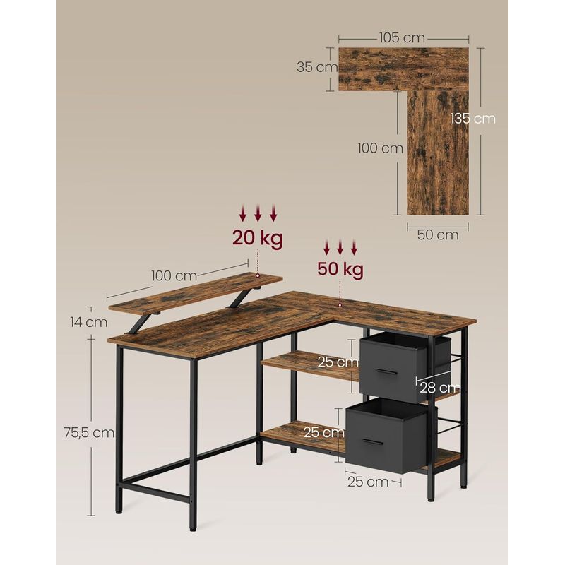 Casa si Gradina - Mobilier - Mese si birouri - Birouri - Birou in forma de L, suport monitor, 2 rafturi si 2 sertare, 105x135x76 cm, maro rustic - Infinity.ro