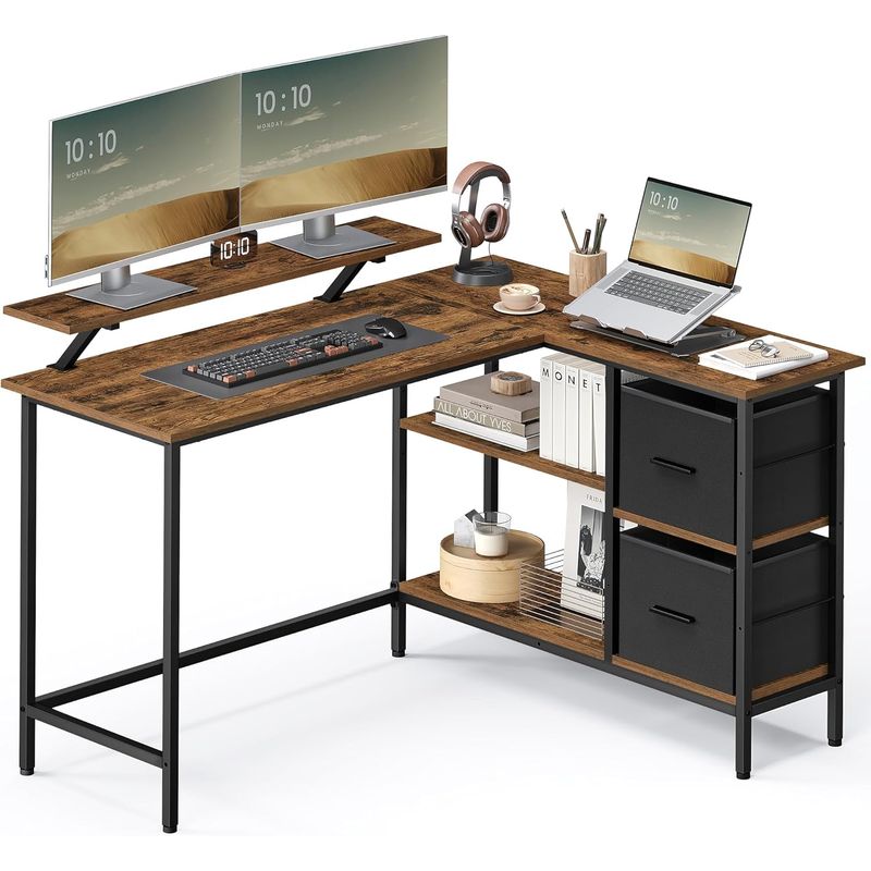 Casa si Gradina - Mobilier - Mese si birouri - Birouri - Birou in forma de L, suport monitor, 2 rafturi si 2 sertare, 105x135x76 cm, maro rustic - Infinity.ro