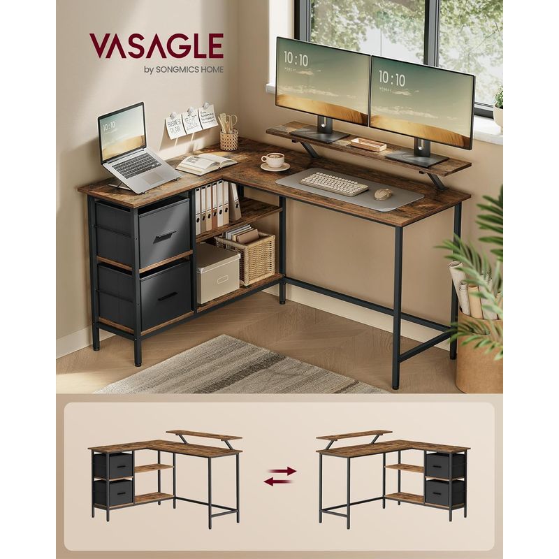 Casa si Gradina - Mobilier - Mese si birouri - Birouri - Birou in forma de L, suport monitor, 2 rafturi si 2 sertare, 105x135x76 cm, maro rustic - Infinity.ro