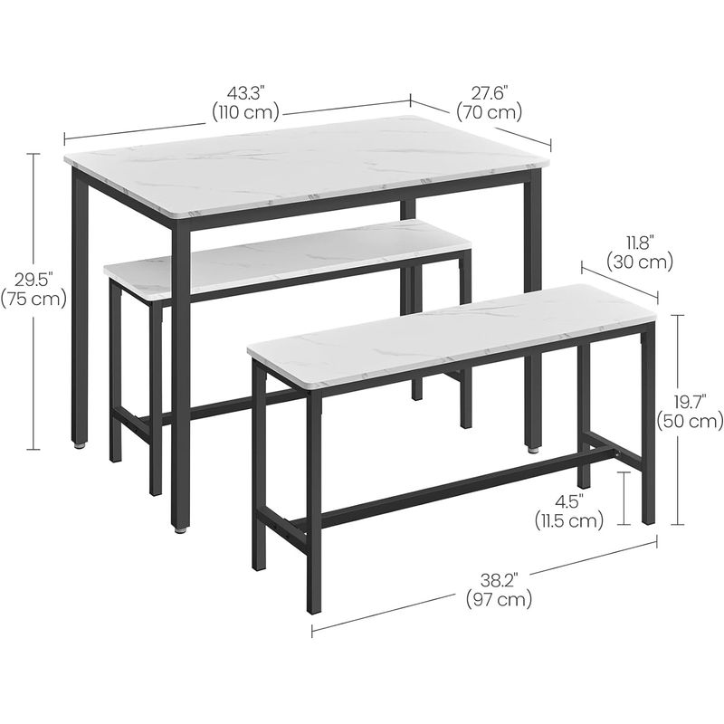 Casa si Gradina - Mobilier - Mese si birouri - Mese living - Masa de bar cu 2 banci, design industrial, 110x70x75 cm, alb marmura - Infinity.ro