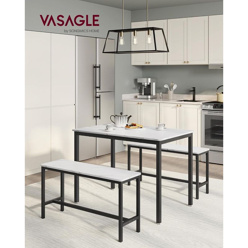 Casa si Gradina - Mobilier - Mese si birouri - Mese living - Masa de bar cu 2 banci, design industrial, 110x70x75 cm, alb marmura - Infinity.ro