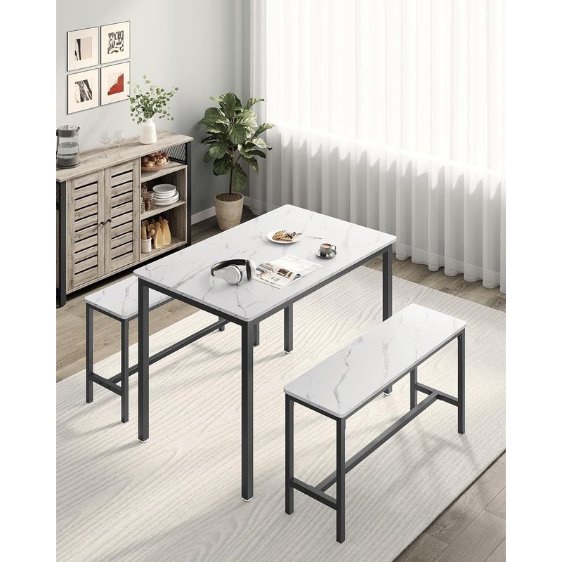 Casa si Gradina - Mobilier - Mese si birouri - Mese living - Masa de bar cu 2 banci, design industrial, 110x70x75 cm, alb marmura - Infinity.ro