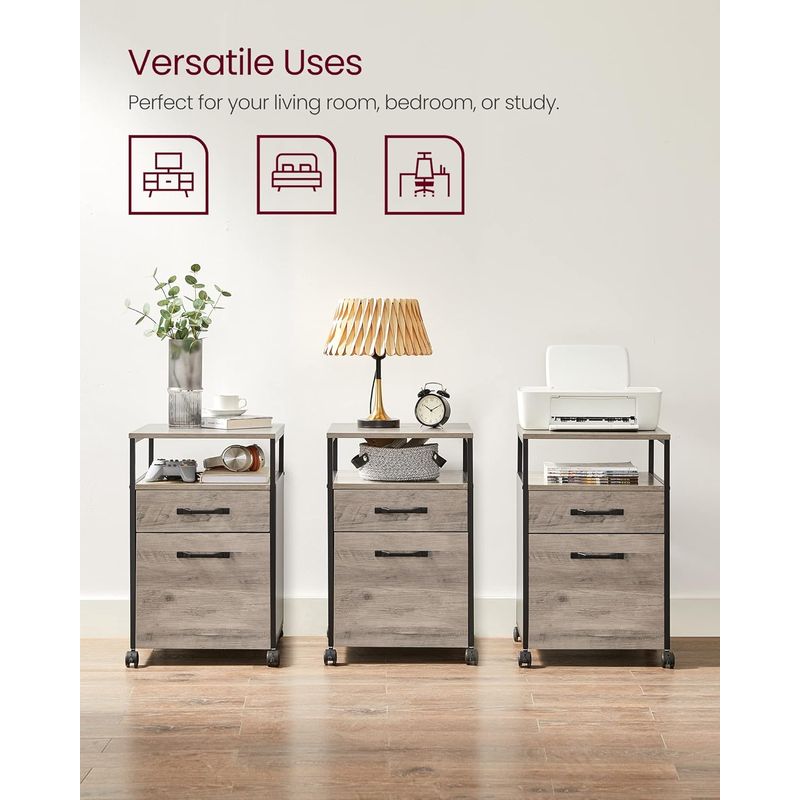 Casa si Gradina - Mobilier - Mese si birouri - Birouri - Dulap mobil 42x44x69 cm, cu 2 sertare si roti cu frana, compartiment deschis si suport dosare, PAL si otel, gri si negru - Infinity.ro