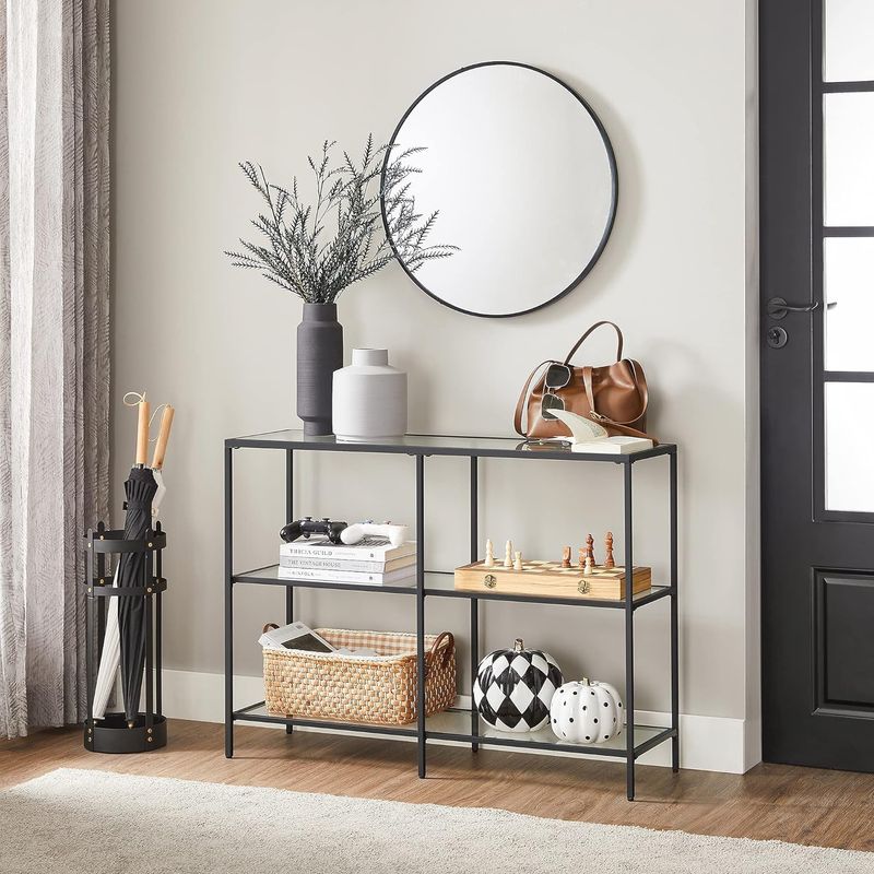 Casa si Gradina - Mobilier - Mese si birouri - Masute de cafea - Masa de intrare, pe 3 nivele, blat din sticla securizata, cadru metalic, 30x100x73cm, negru - Infinity.ro