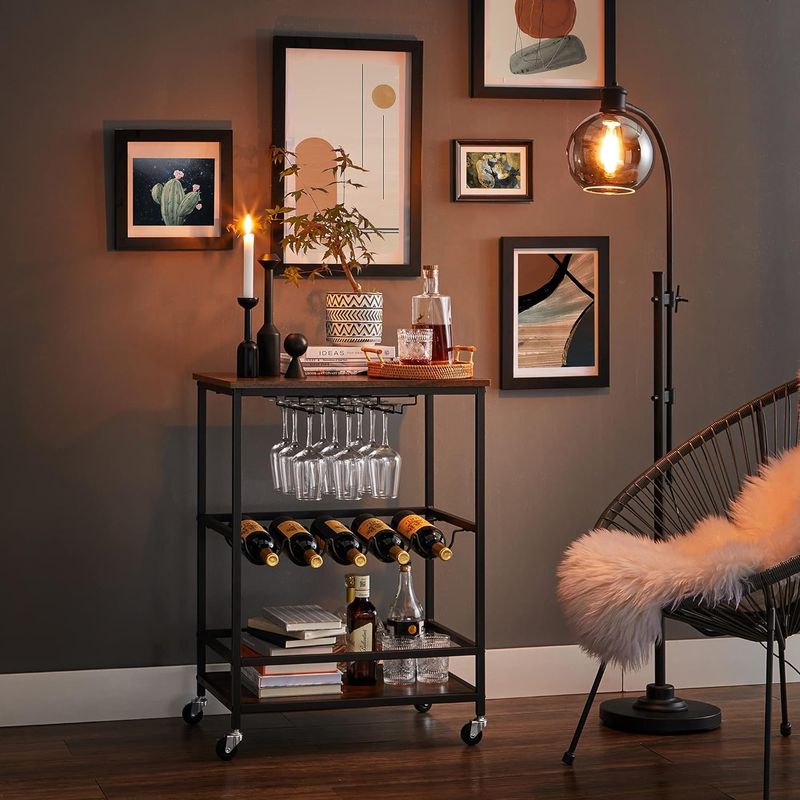 Casa si Gradina - Mobilier - Biblioteci si rafturi - Biblioteci - Carucior de servire pe roti, cu suport pentru sticle si pahare de vin, 40x60x82cm, Industrial, Vintage Maro/Negru - Infinity.ro