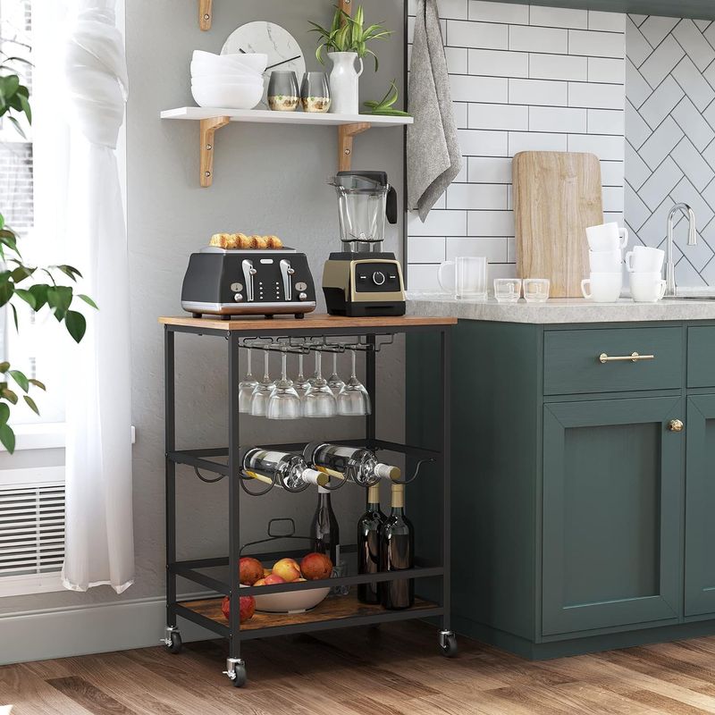 Casa si Gradina - Mobilier - Biblioteci si rafturi - Biblioteci - Carucior de servire pe roti, cu suport pentru sticle si pahare de vin, 40x60x82cm, Industrial, Vintage Maro/Negru - Infinity.ro