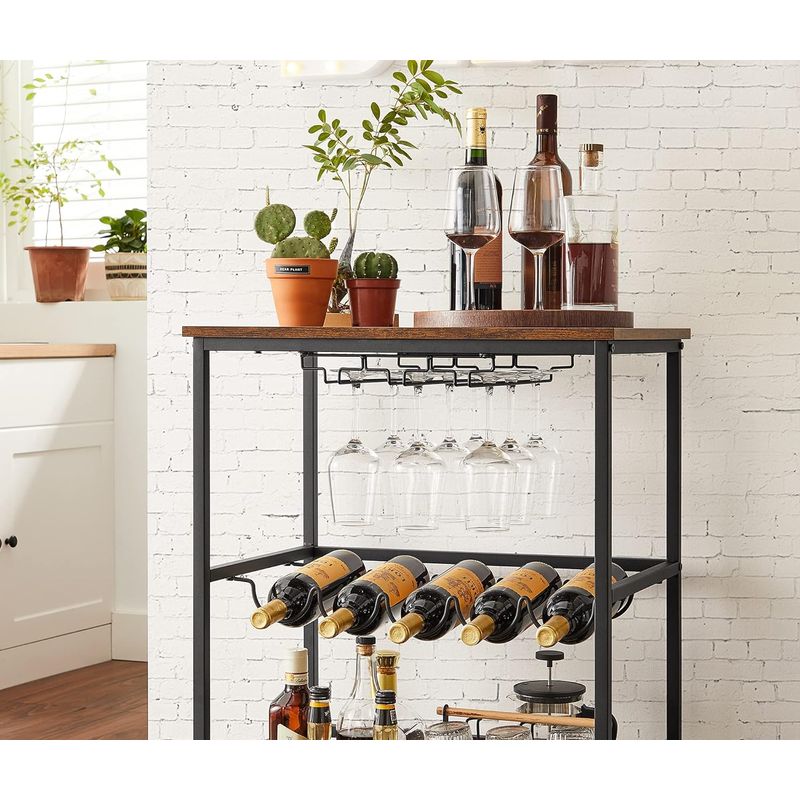 Casa si Gradina - Mobilier - Biblioteci si rafturi - Biblioteci - Carucior de servire pe roti, cu suport pentru sticle si pahare de vin, 40x60x82cm, Industrial, Vintage Maro/Negru - Infinity.ro