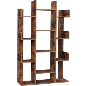 Biblioteca stil arbore, cu 13 rafturi de depozitare, colturi rotunjite, 86x25x140cm, maro rustic