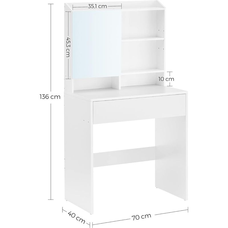 Casa si Gradina - Mobilier - Comode si corpuri - Masute de toaleta - Masuta de toaleta cu oglinda, rafturi reglabile si sertar pentru cosmetice, 70x40x136cm, alb - Infinity.ro