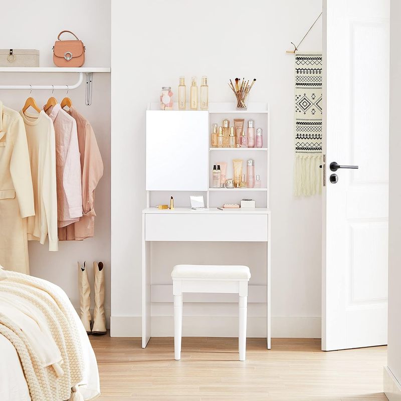 Casa si Gradina - Mobilier - Comode si corpuri - Masute de toaleta - Masuta de toaleta cu oglinda, rafturi reglabile si sertar pentru cosmetice, 70x40x136cm, alb - Infinity.ro