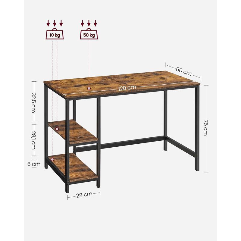 Casa si Gradina - Mobilier - Mese si birouri - Birouri - Birou cu 2 rafturi pe stanga sau dreapta, cadru din otel, 60x120x75cm, industrial, maro rustic si negru - Infinity.ro