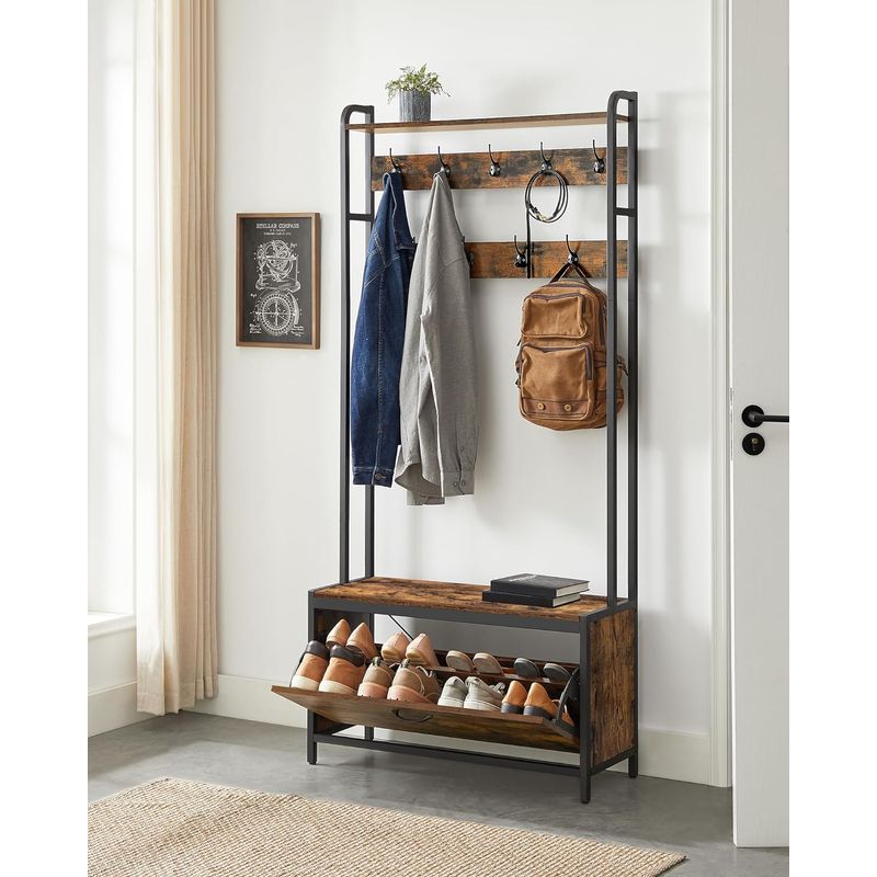 Casa si Gradina - Mobilier - Organizare si depozitare - Cuiere - Cuier cu dulap de depozitare pantofi, cadru din otel, stil industrial, 32x85x180cm, maro rustic - Infinity.ro