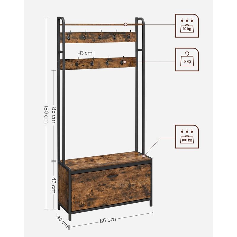 Casa si Gradina - Mobilier - Organizare si depozitare - Cuiere - Cuier cu dulap de depozitare pantofi, cadru din otel, stil industrial, 32x85x180cm, maro rustic - Infinity.ro