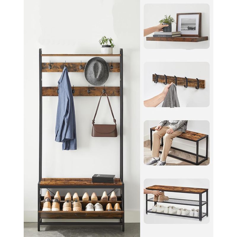 Casa si Gradina - Mobilier - Organizare si depozitare - Cuiere - Cuier cu dulap de depozitare pantofi, cadru din otel, stil industrial, 32x85x180cm, maro rustic - Infinity.ro