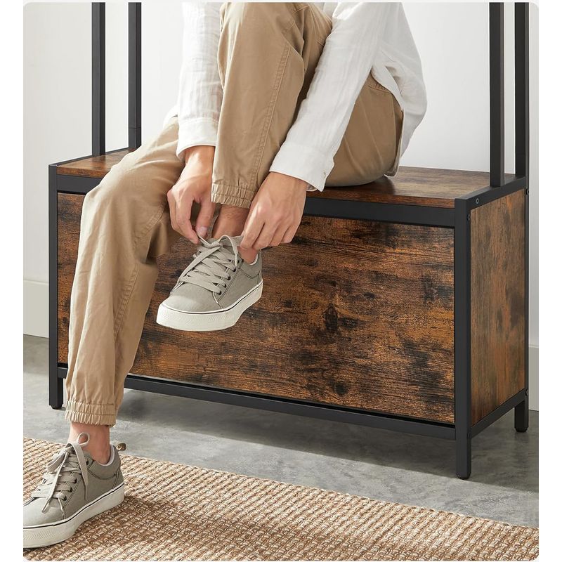 Casa si Gradina - Mobilier - Organizare si depozitare - Cuiere - Cuier cu dulap de depozitare pantofi, cadru din otel, stil industrial, 32x85x180cm, maro rustic - Infinity.ro