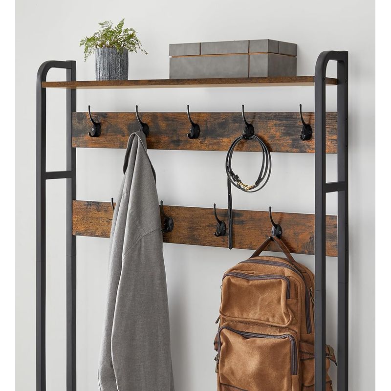 Casa si Gradina - Mobilier - Organizare si depozitare - Cuiere - Cuier cu dulap de depozitare pantofi, cadru din otel, stil industrial, 32x85x180cm, maro rustic - Infinity.ro