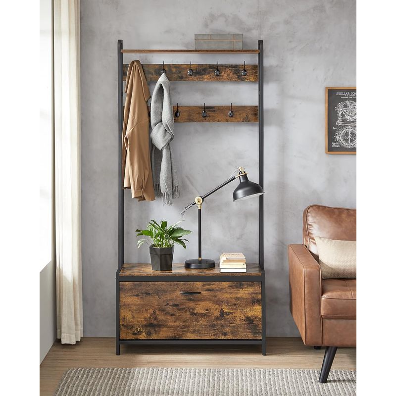 Casa si Gradina - Mobilier - Organizare si depozitare - Cuiere - Cuier cu dulap de depozitare pantofi, cadru din otel, stil industrial, 32x85x180cm, maro rustic - Infinity.ro