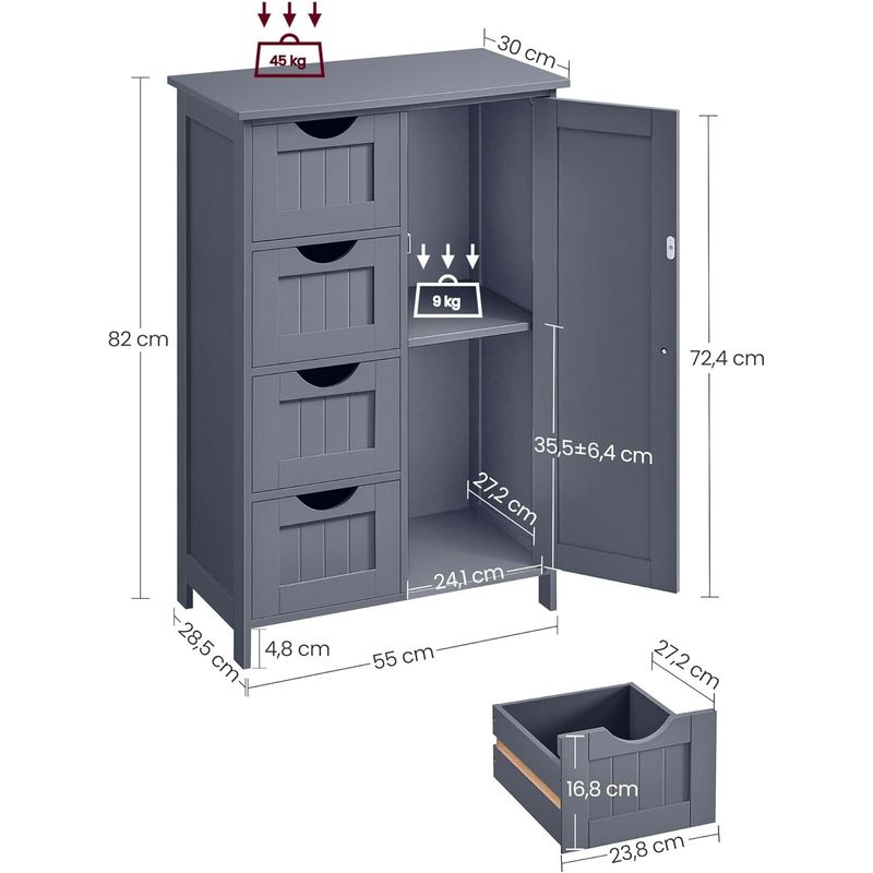 Casa si Gradina - Mobilier - Mobilier baie - Corpuri baie - Dulap de baie, din MDF, cu 4 sertare, raft reglabil, 30x55x82 cm, gri - Infinity.ro