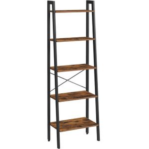 Biblioteca tip scara, cadru otel cu 5 polite din MDF, stil industrial, 56x34x172cm, maro rustic si negru