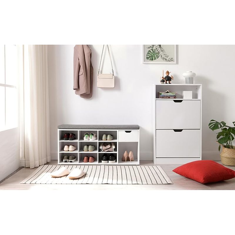 Casa si Gradina - Mobilier - Dulapuri si sifoniere - Dulapuri pantofi - Banca de depozitare cu suport pentru pantofi, 10 compartimente si dulap, cu perna, 30x104x48cm, alb - Infinity.ro
