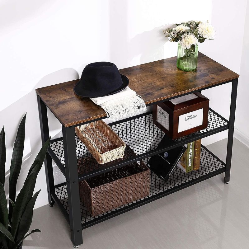 Casa si Gradina - Mobilier - Mese si birouri - Masute de cafea - Masa de intrare, cadru metalic cu 3 polite din MDF, 35x102x80cm, maro rustic si negru - Infinity.ro