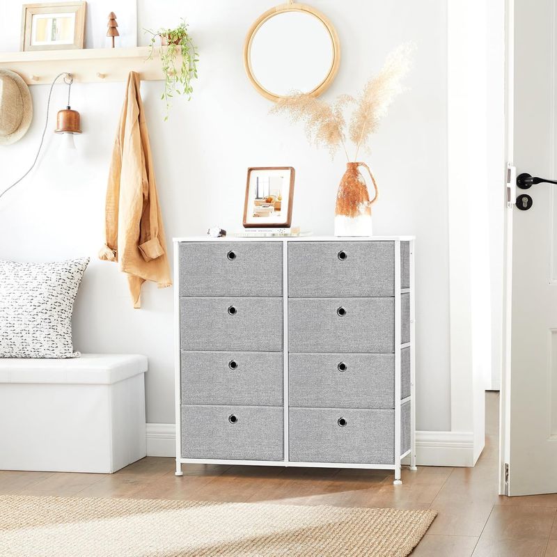 Casa si Gradina - Mobilier - Comode si corpuri - Comode - Comoda cu 8 sertare din material textil, cadru metalic si blat MDF, 80x30x81 cm, gri si alb - Infinity.ro
