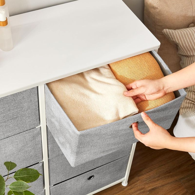 Casa si Gradina - Mobilier - Comode si corpuri - Comode - Comoda cu 8 sertare din material textil, cadru metalic si blat MDF, 80x30x81 cm, gri si alb - Infinity.ro