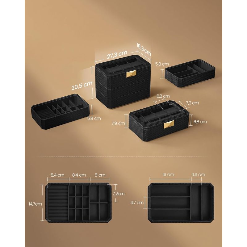 Casa si Gradina - Mobilier - Organizare si depozitare - Cutii depozitare - Cutie bijuterii si ceasuri Ronne, 3 niveluri, capac sticla, 27x20x16 cm, negru texturat - Infinity.ro