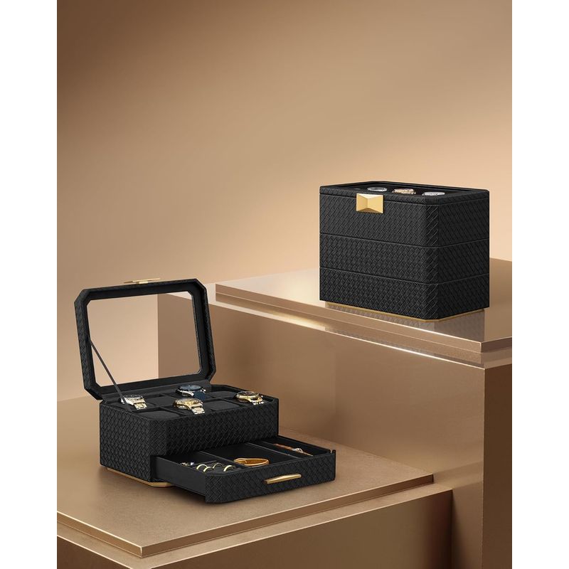 Casa si Gradina - Mobilier - Organizare si depozitare - Cutii depozitare - Cutie bijuterii si ceasuri Ronne, 3 niveluri, capac sticla, 27x20x16 cm, negru texturat - Infinity.ro