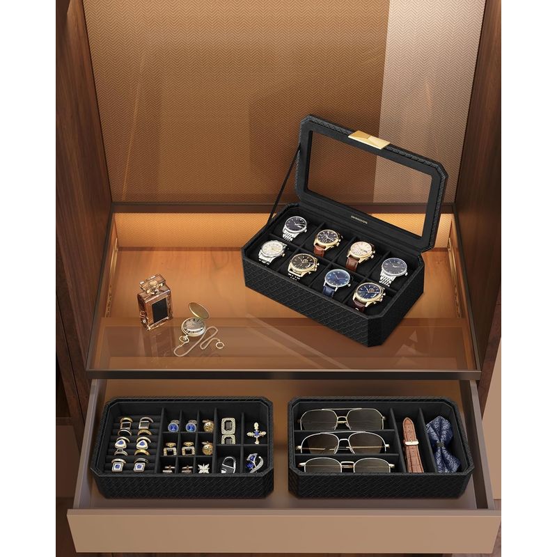 Casa si Gradina - Mobilier - Organizare si depozitare - Cutii depozitare - Cutie bijuterii si ceasuri Ronne, 3 niveluri, capac sticla, 27x20x16 cm, negru texturat - Infinity.ro