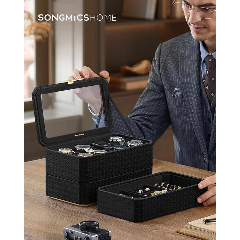 Casa si Gradina - Mobilier - Organizare si depozitare - Cutii depozitare - Cutie bijuterii si ceasuri Ronne, 3 niveluri, capac sticla, 27x20x16 cm, negru texturat - Infinity.ro