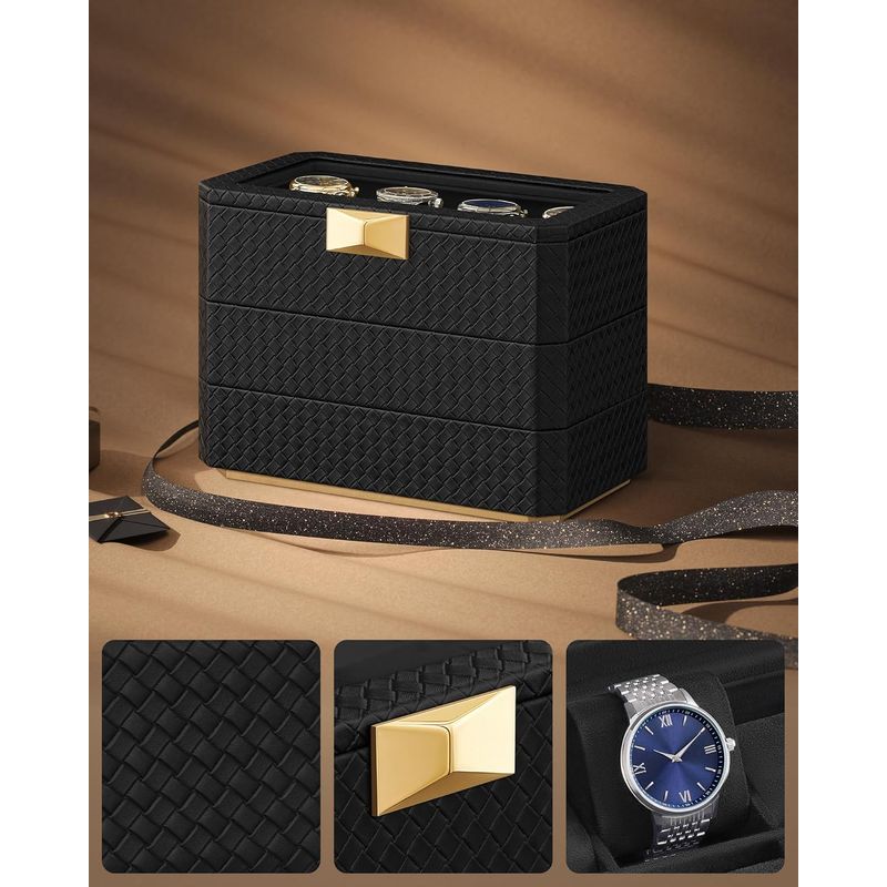 Casa si Gradina - Mobilier - Organizare si depozitare - Cutii depozitare - Cutie bijuterii si ceasuri Ronne, 3 niveluri, capac sticla, 27x20x16 cm, negru texturat - Infinity.ro